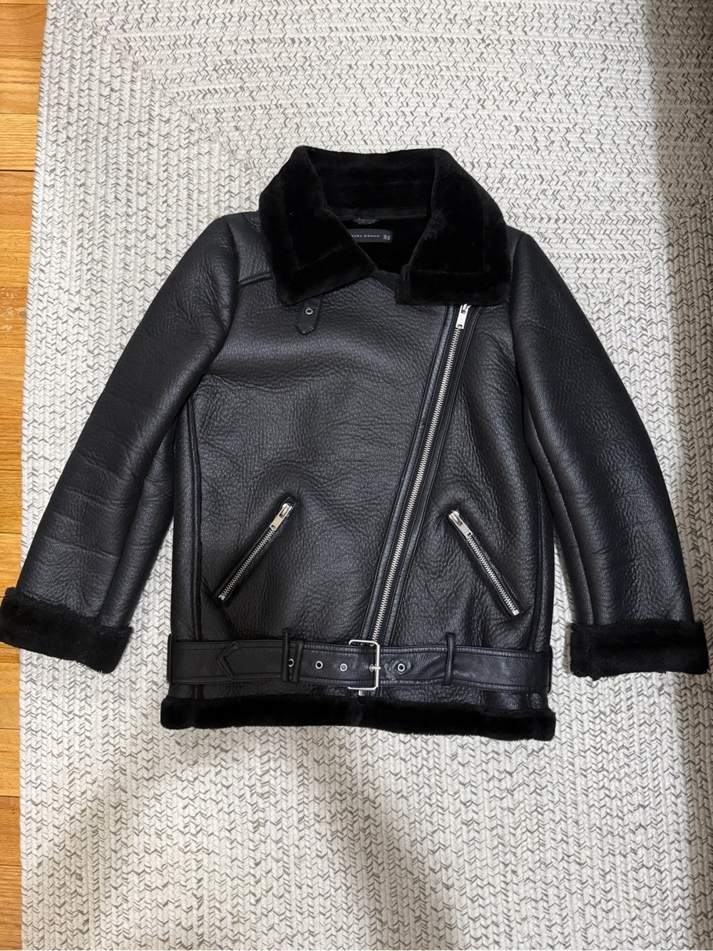 Zara Black Double-Faced Faux Shearling Biker Jacket - Picture 6 of 11